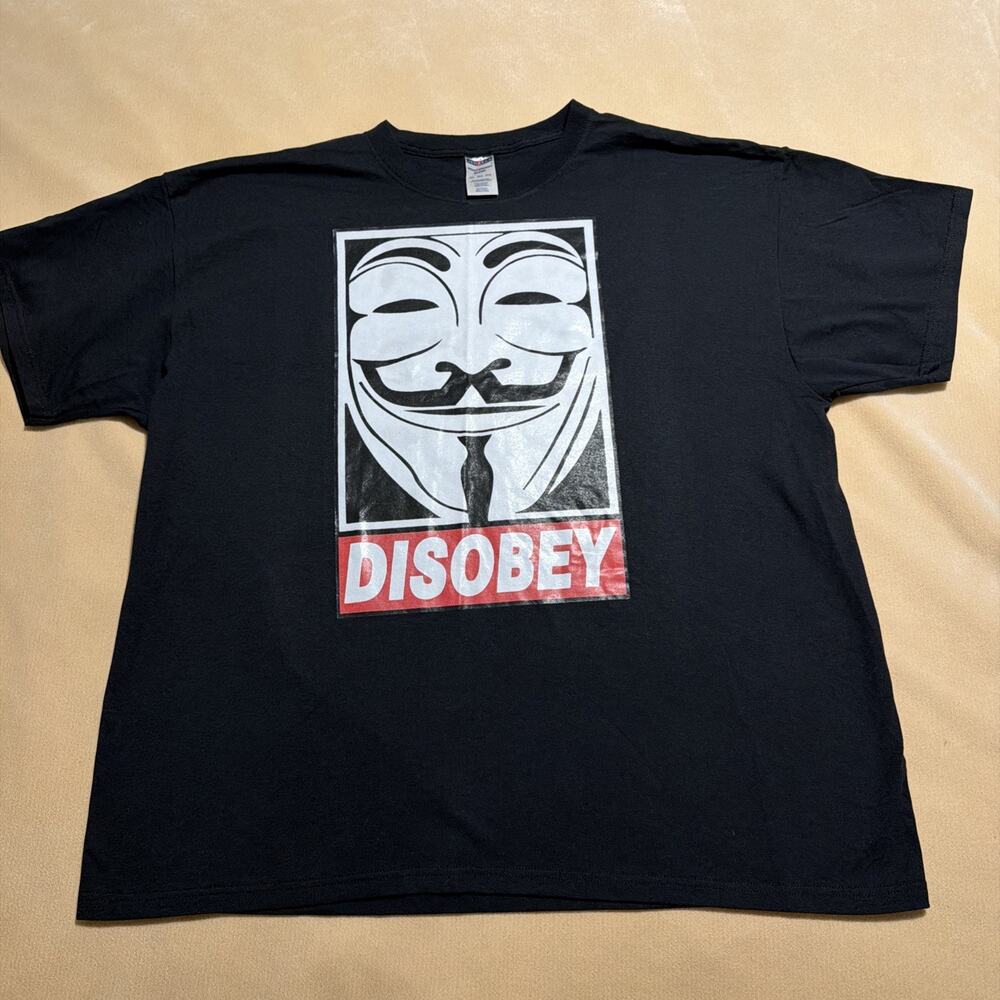 WALI USA Disobey Guy Fawkes Mask Graphic Black T Shirt 3XL 100% Cotton
